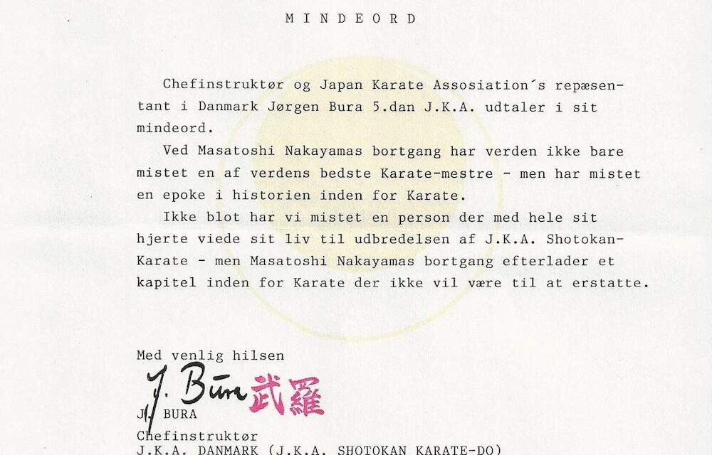 Mindeord fra Bura sensei efter Nakayama senseis død 15. april 1987